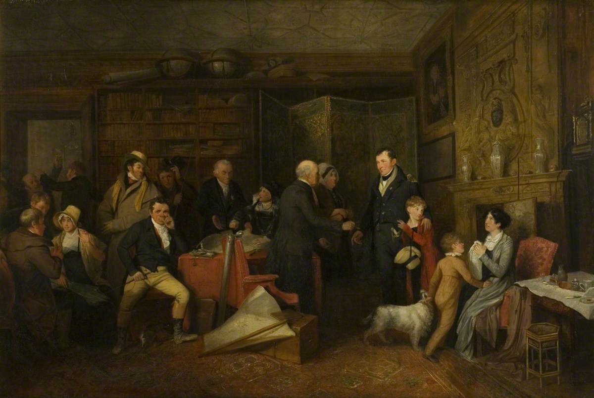 A family group in an eighteenth-century drawing room gather to hear the reading of a will. Some look disappointed while others offer congratulations to beneficiaries of the will.
